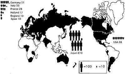 Figure 1: Distribution of Werner Syndrome by nationality as registered from 1904 until 1994 [1]. All countries with at least one patient is shaded.